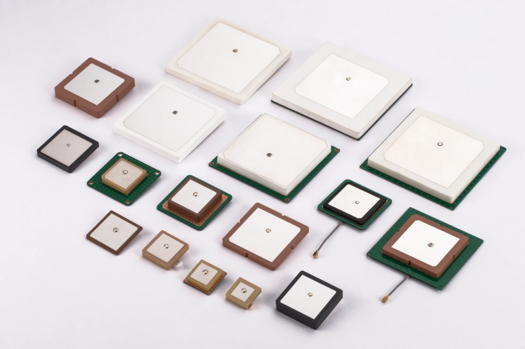 Ceramic RFID patch antenna elements in a range of sizes